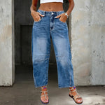 Woman wearing loose flare denim jeans with a flattering high-rise fit
