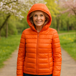 Orange lightweight padded jacket with a feminine fit