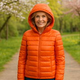 Orange lightweight padded jacket with a feminine fit
