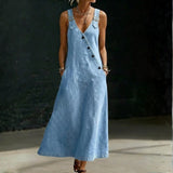 Woman wearing a long button-front denim dress