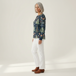 Fanny Patterned Jumper navy Christmas tree print, side view