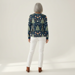 Fanny Patterned Jumper navy Christmas tree print, back view