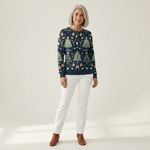 Fanny Patterned Jumper navy Christmas tree print, full-length front view