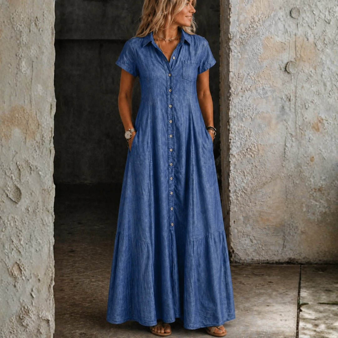 Woman wearing a long shirt-style denim dress