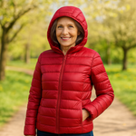 Red lightweight padded jacket with a feminine fit
