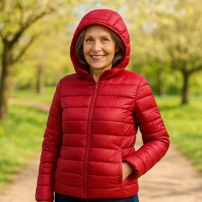 Red lightweight padded jacket with a feminine fit