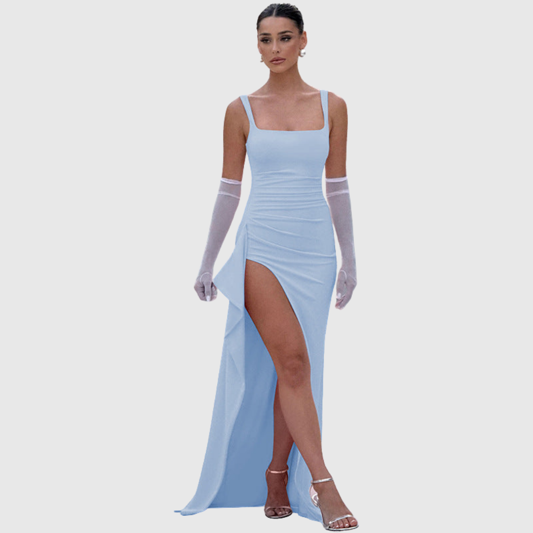 Black open-back slip maxi dress with thigh-high split