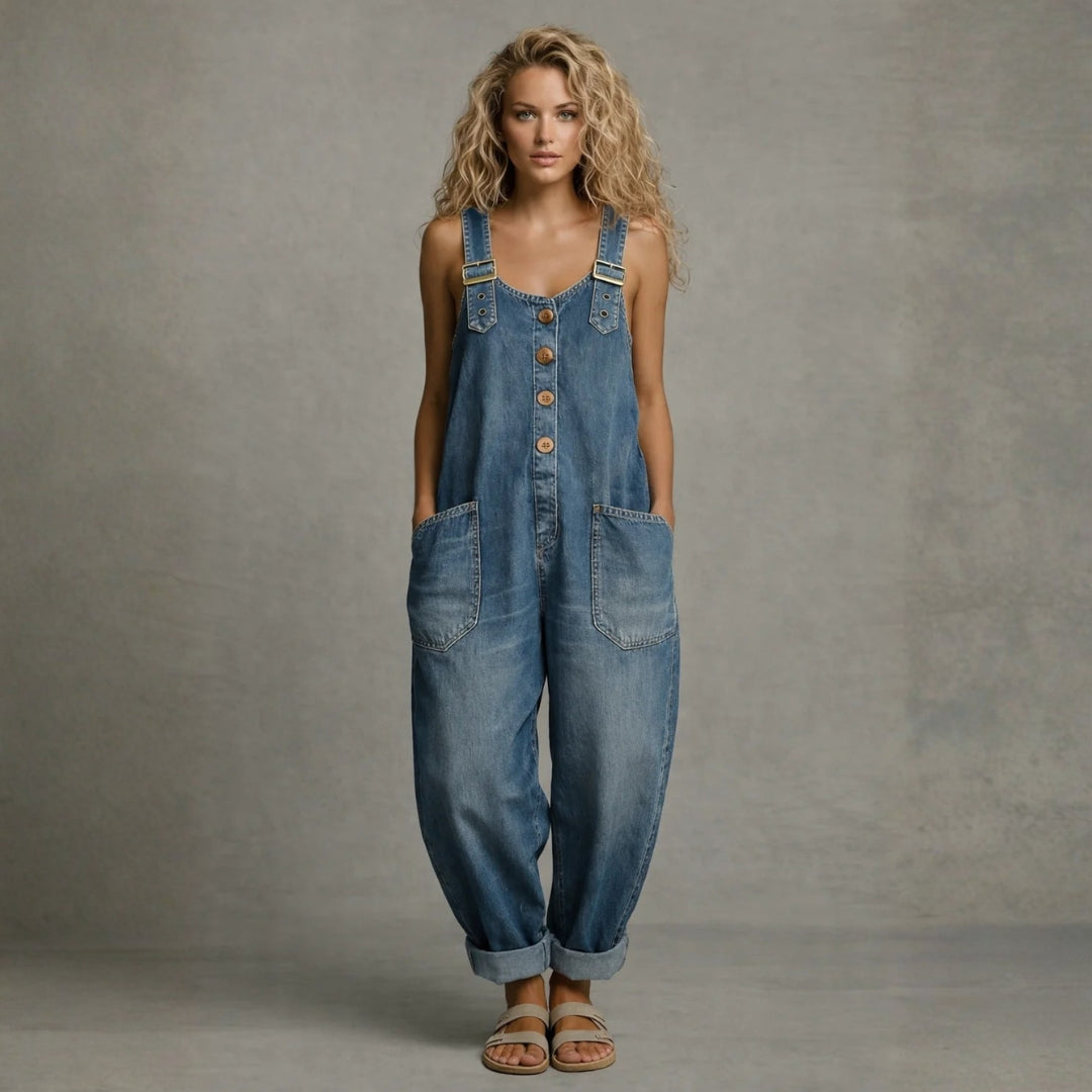 Woman wearing a wide-leg denim jumpsuit with adjustable straps and front pockets