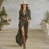 Woman wearing a button-front boho maxi dress with belt