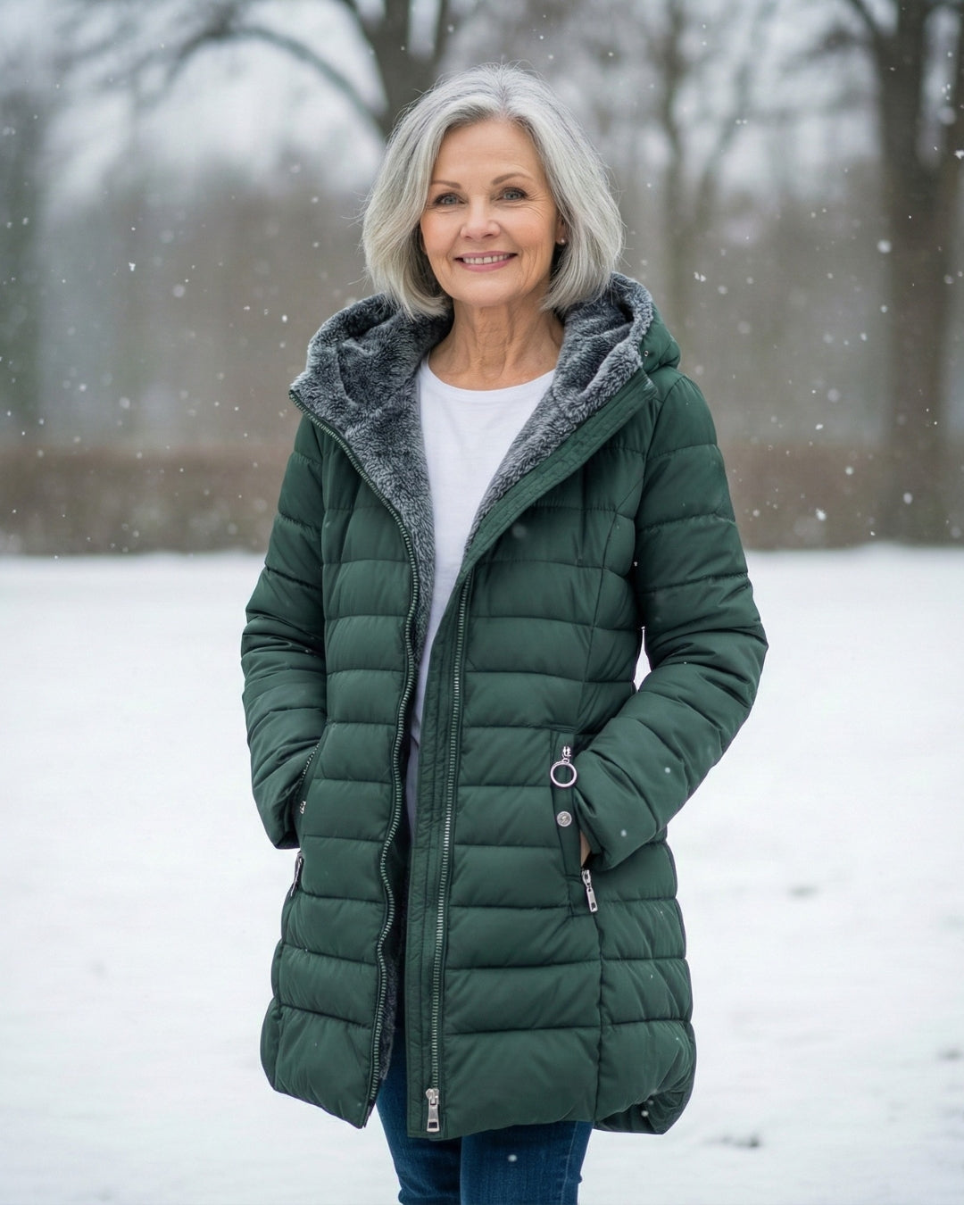 Woman wearing a fleece-lined quilted padded jacket with a shaped waist