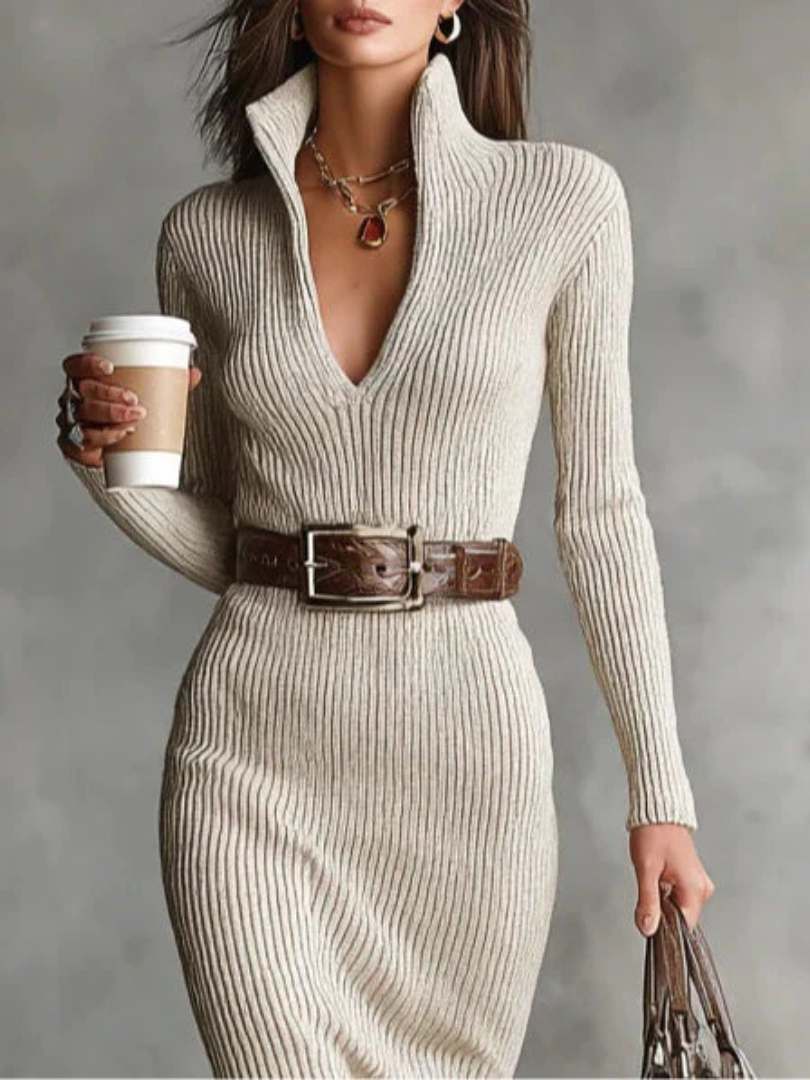 Woman wearing a ribbed knit winter dress