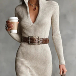 Woman wearing a ribbed knit winter dress