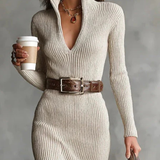 Woman wearing a ribbed knit winter dress