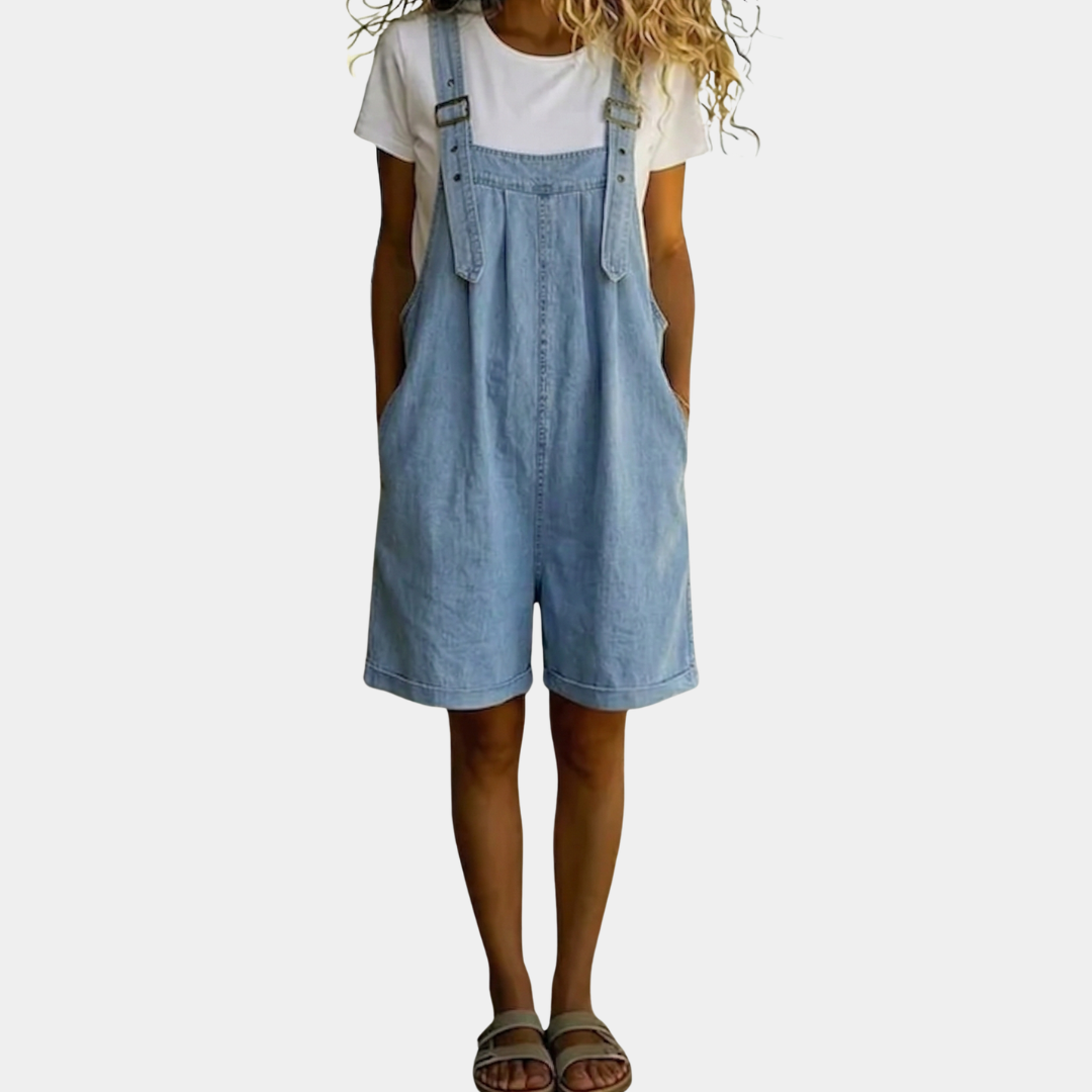 Woman wearing a denim playsuit with soft cotton trim