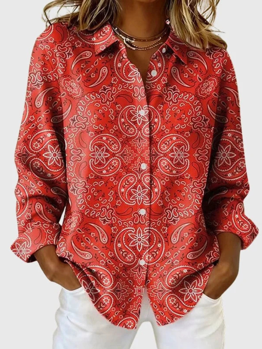 Vibrant paisley print button-up blouse