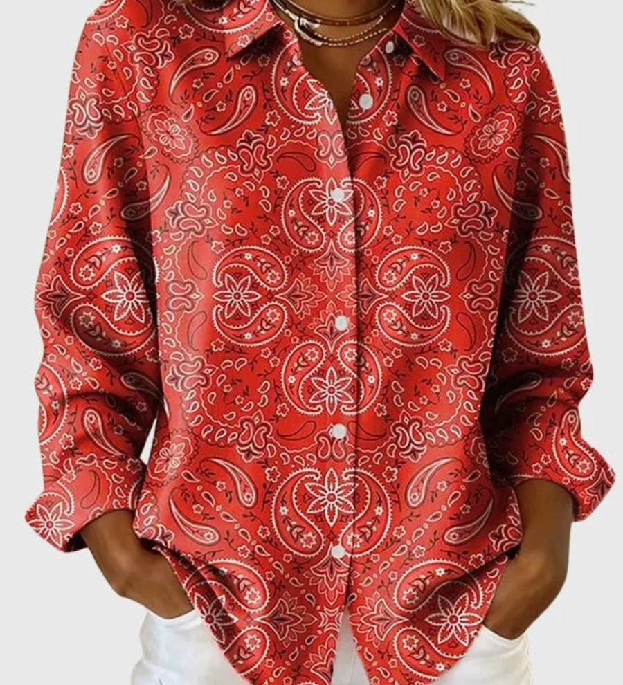 Vibrant paisley print button-up blouse
