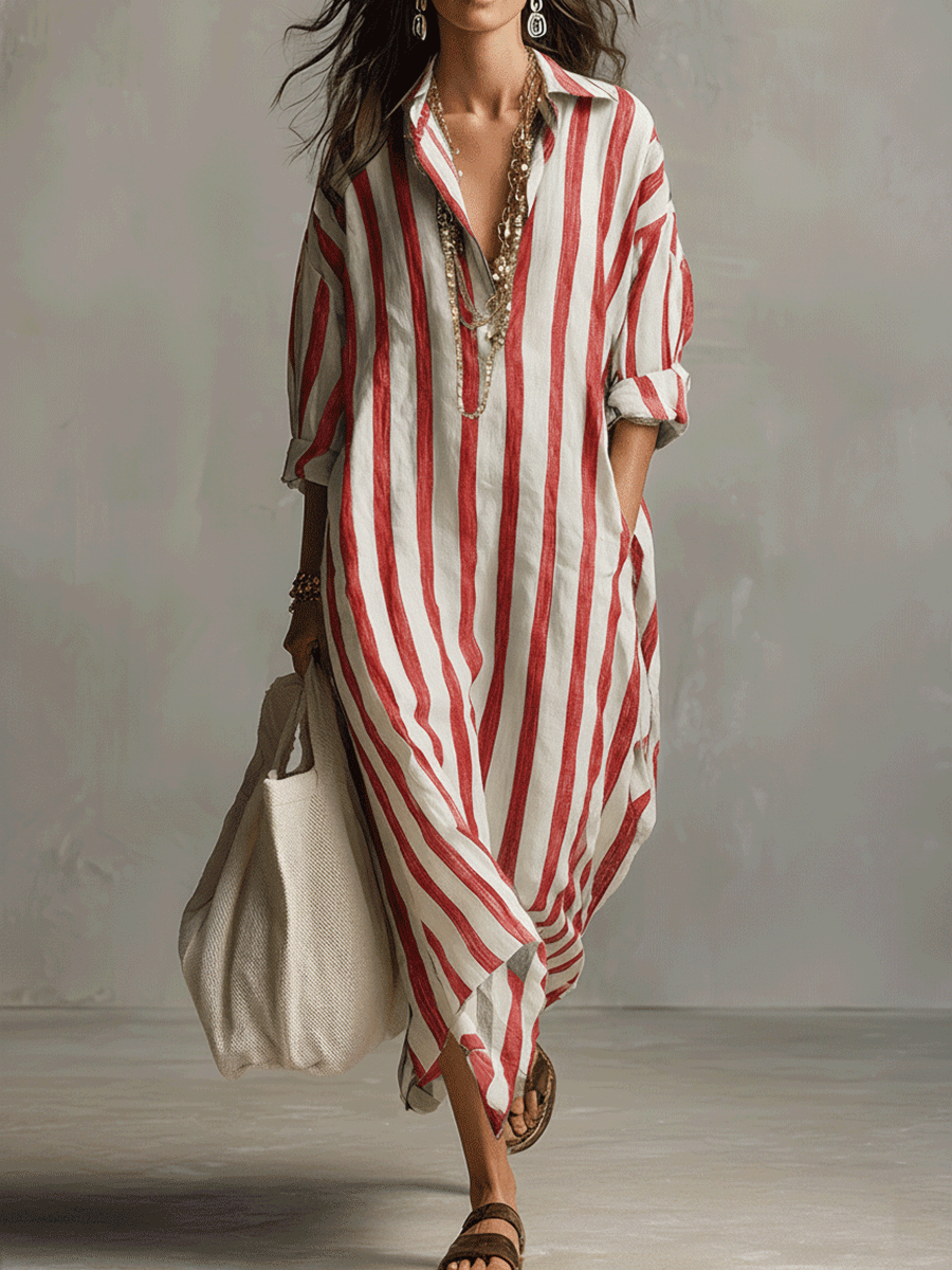Striped button-front boho maxi dress