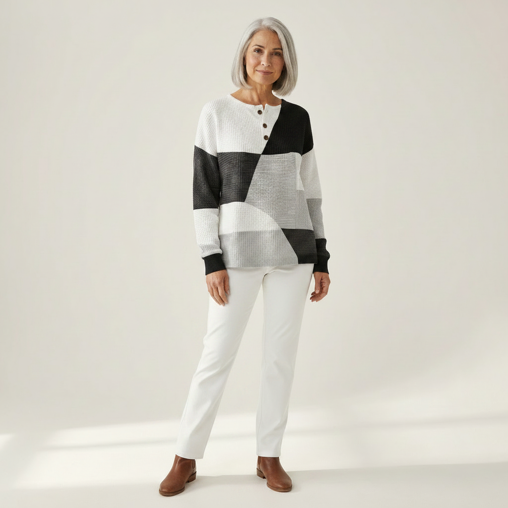 Ella Naturally Warm Patterned Jumper - full length front view styled with white trousers