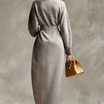 Woman wearing a high-neck maxi dress