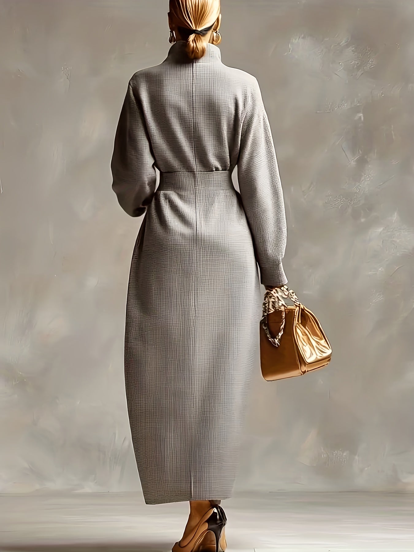 Woman wearing a high-neck maxi dress