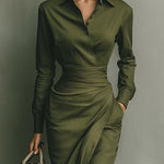 Woman wearing a wrap-style midi dress