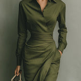 Woman wearing a wrap-style midi dress