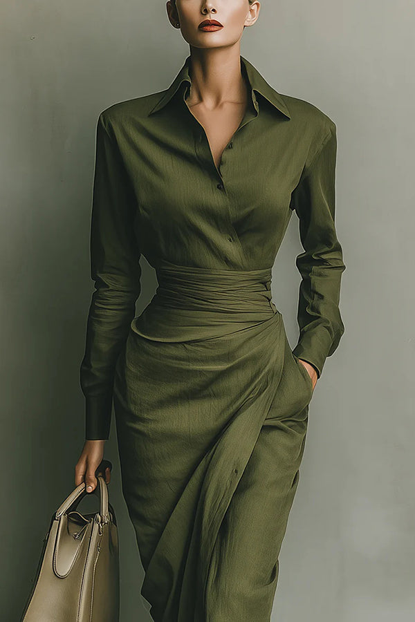 Woman wearing a wrap-style midi dress