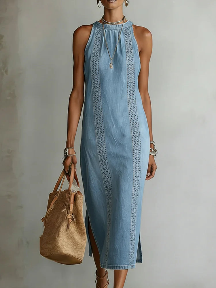 Retro lace-trim denim dress