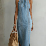 Retro lace-trim denim dress