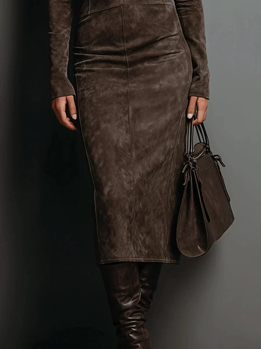 Woman wearing a suede-effect high-neck midi dress