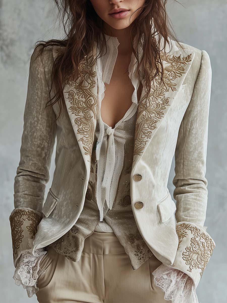 Woman wearing an ivory embroidered blazer