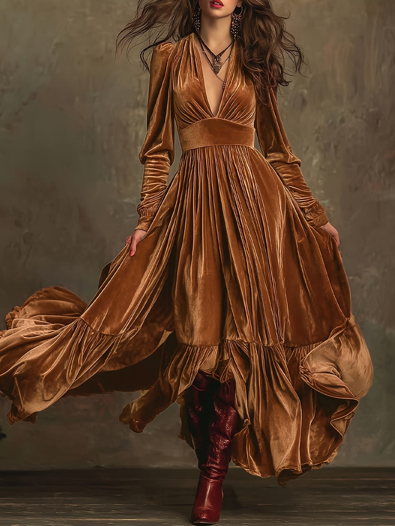 Woman wearing a deep V-neck pleated maxi dress