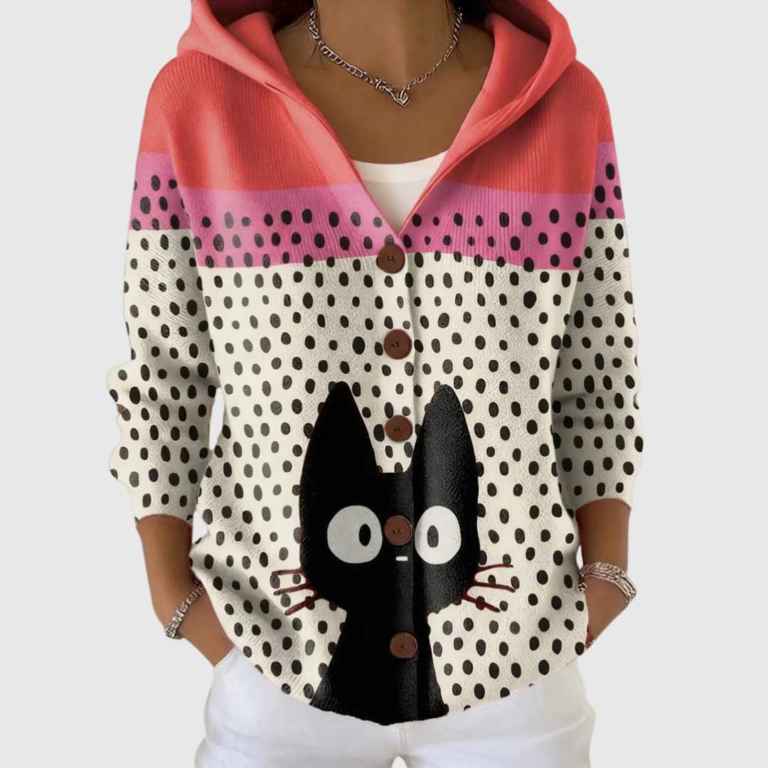 Karina - Snug Hooded Cardigan in Multicolour polka-dot print