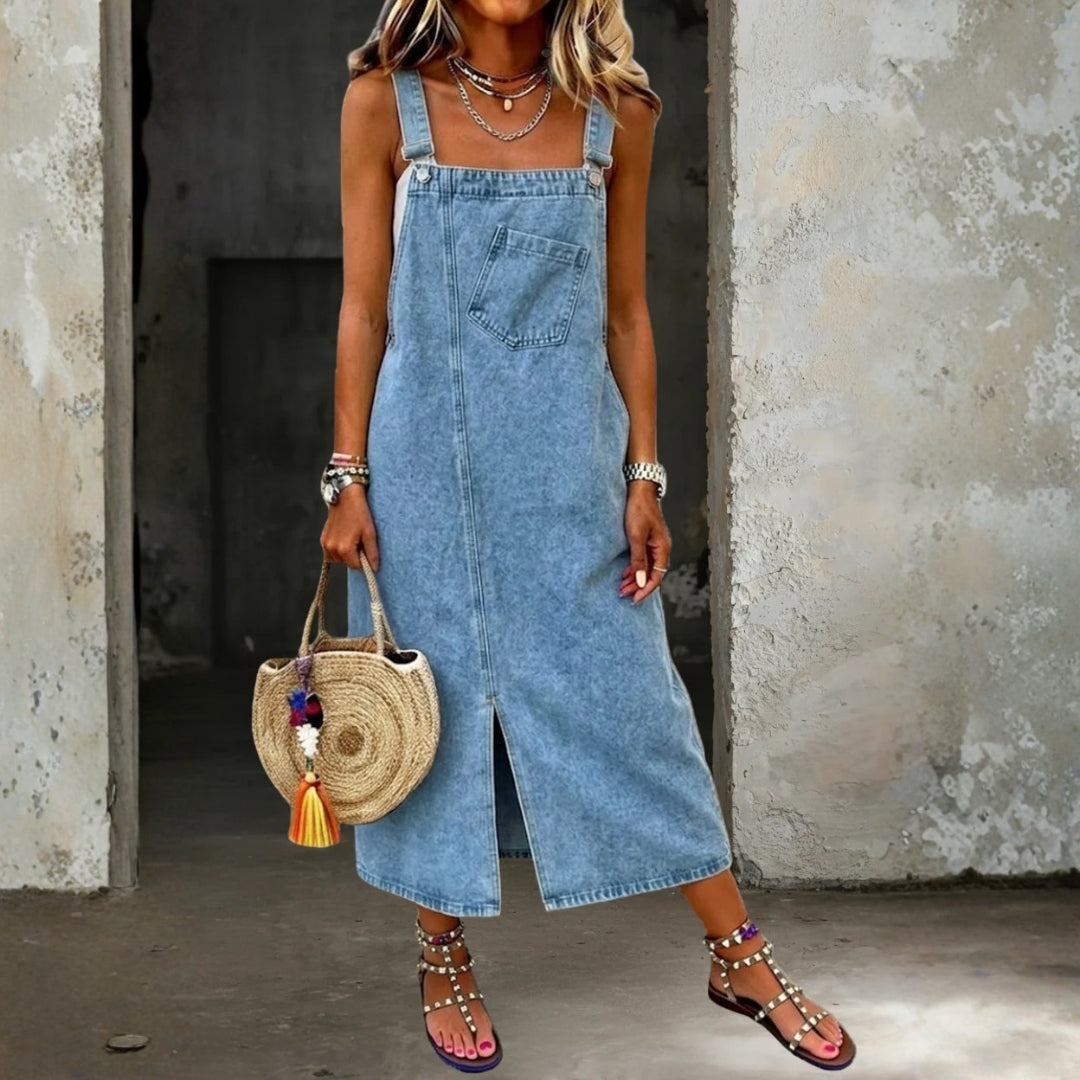 Woman wearing a strappy denim dress