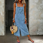 Woman wearing a strappy denim dress