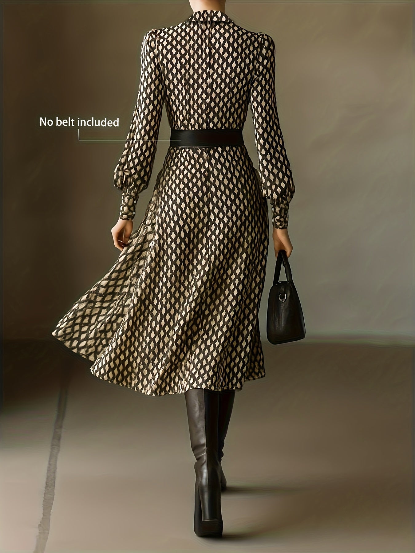 Woman wearing a rhombus print dress with belted waist