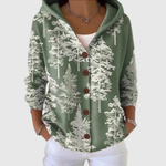 Leokadia Relaxed Casual Hooded Cardigan in sage green pine tree print