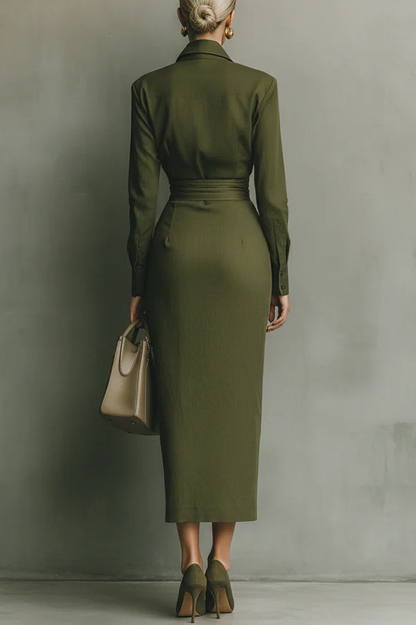 Woman wearing a wrap-style midi dress