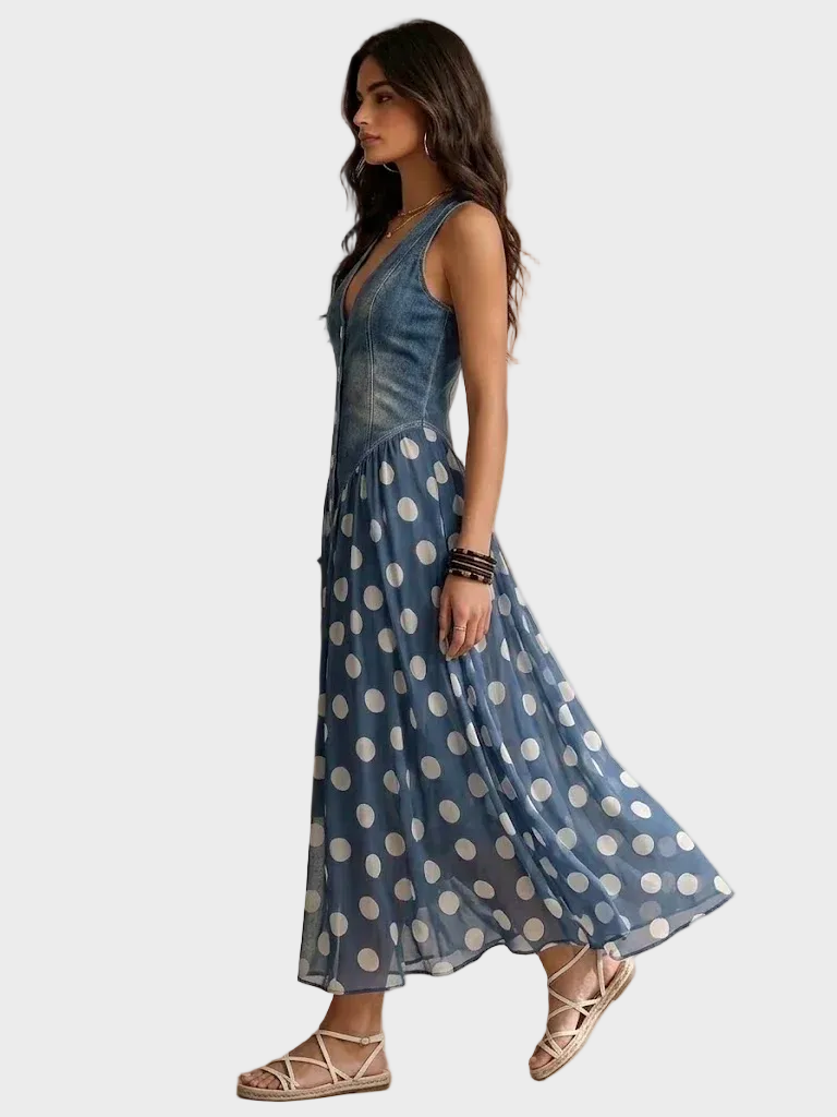 Denim and polka dot chiffon maxi dress