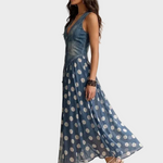 Denim and polka dot chiffon maxi dress