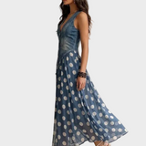 Denim and polka dot chiffon maxi dress