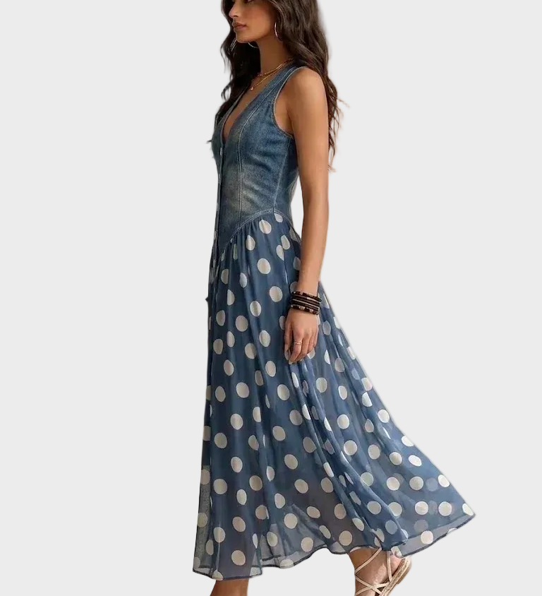 Denim and polka dot chiffon maxi dress