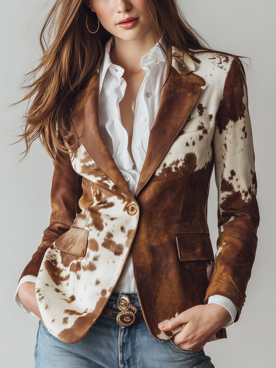 Woman wearing a vintage cow print blazer