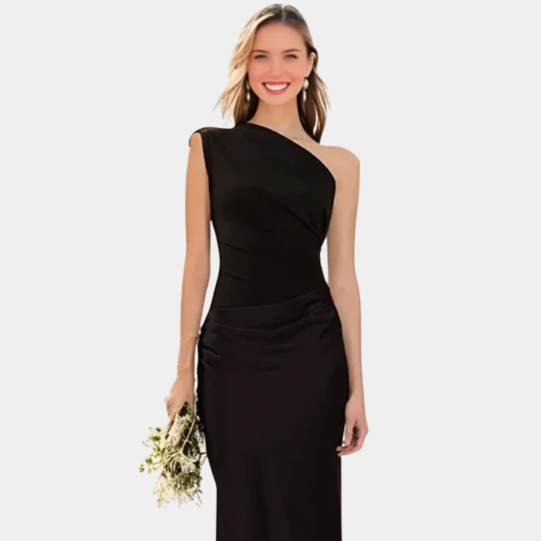 Woman wearing a one-shoulder satin maxi dress