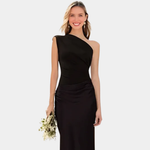 Woman wearing a one-shoulder satin maxi dress