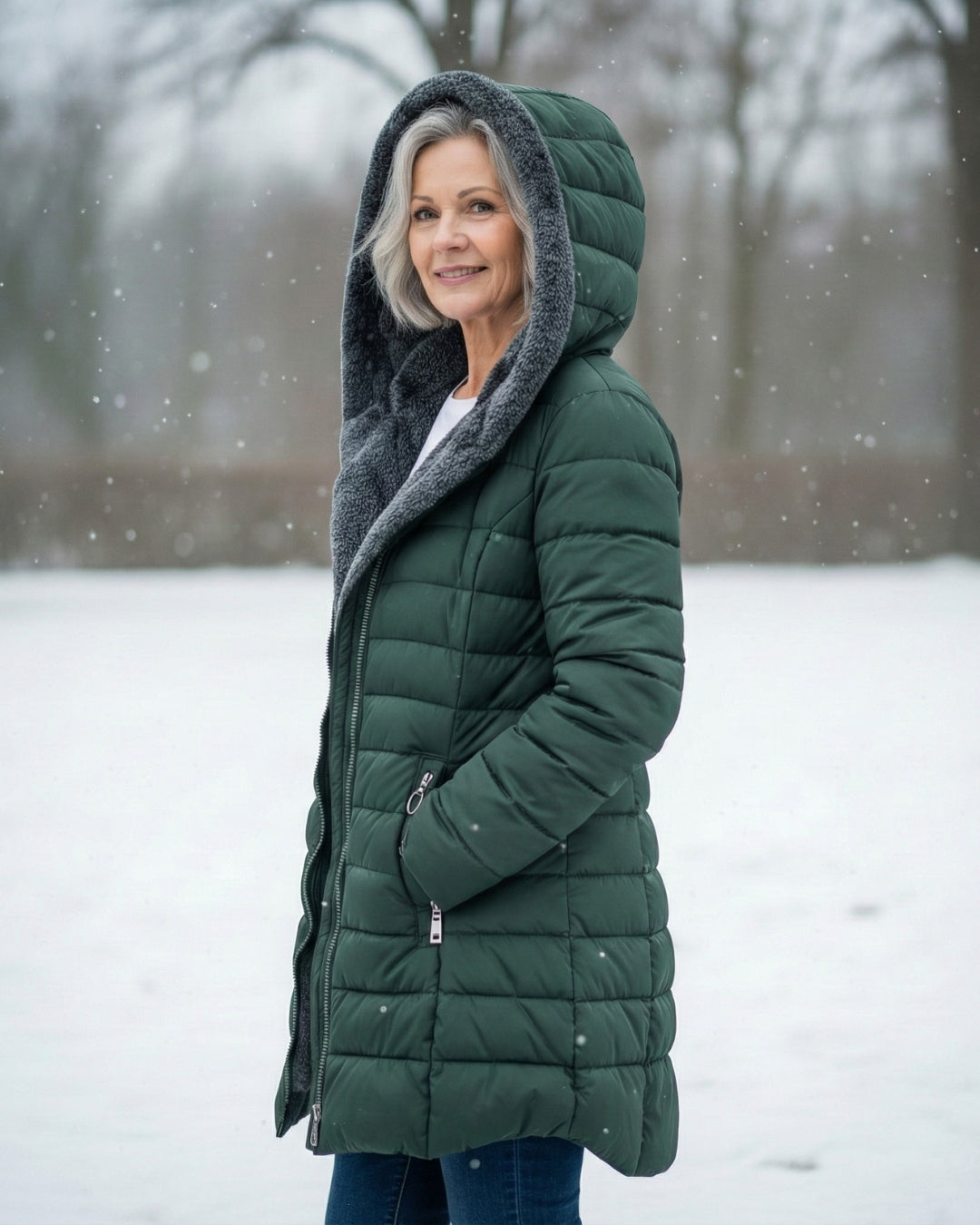 Woman wearing a fleece-lined quilted padded jacket with a shaped waist
