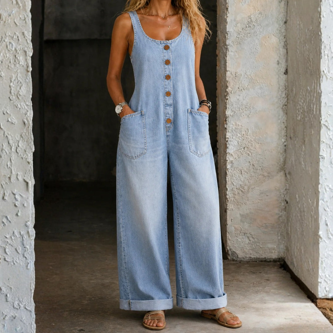 Woman wearing a sleeveless washed cotton jumpsuit with square neckline