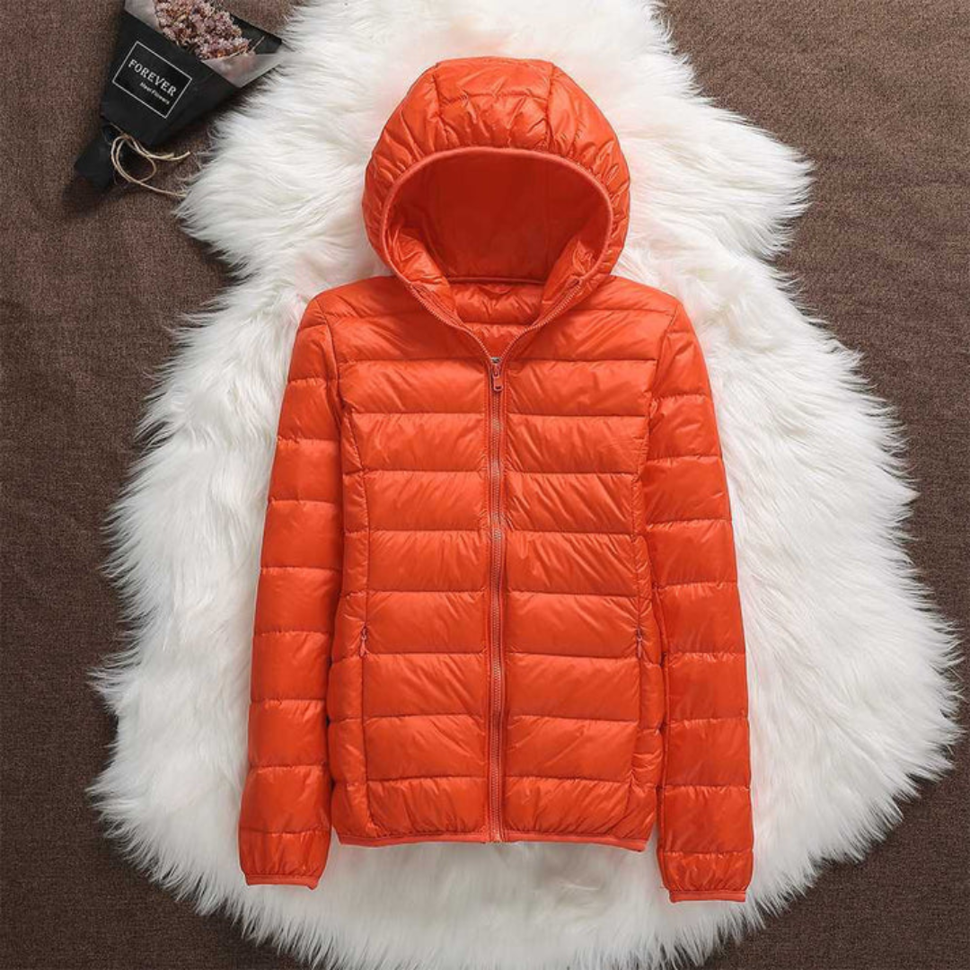 Orange lightweight padded jacket with a feminine fit