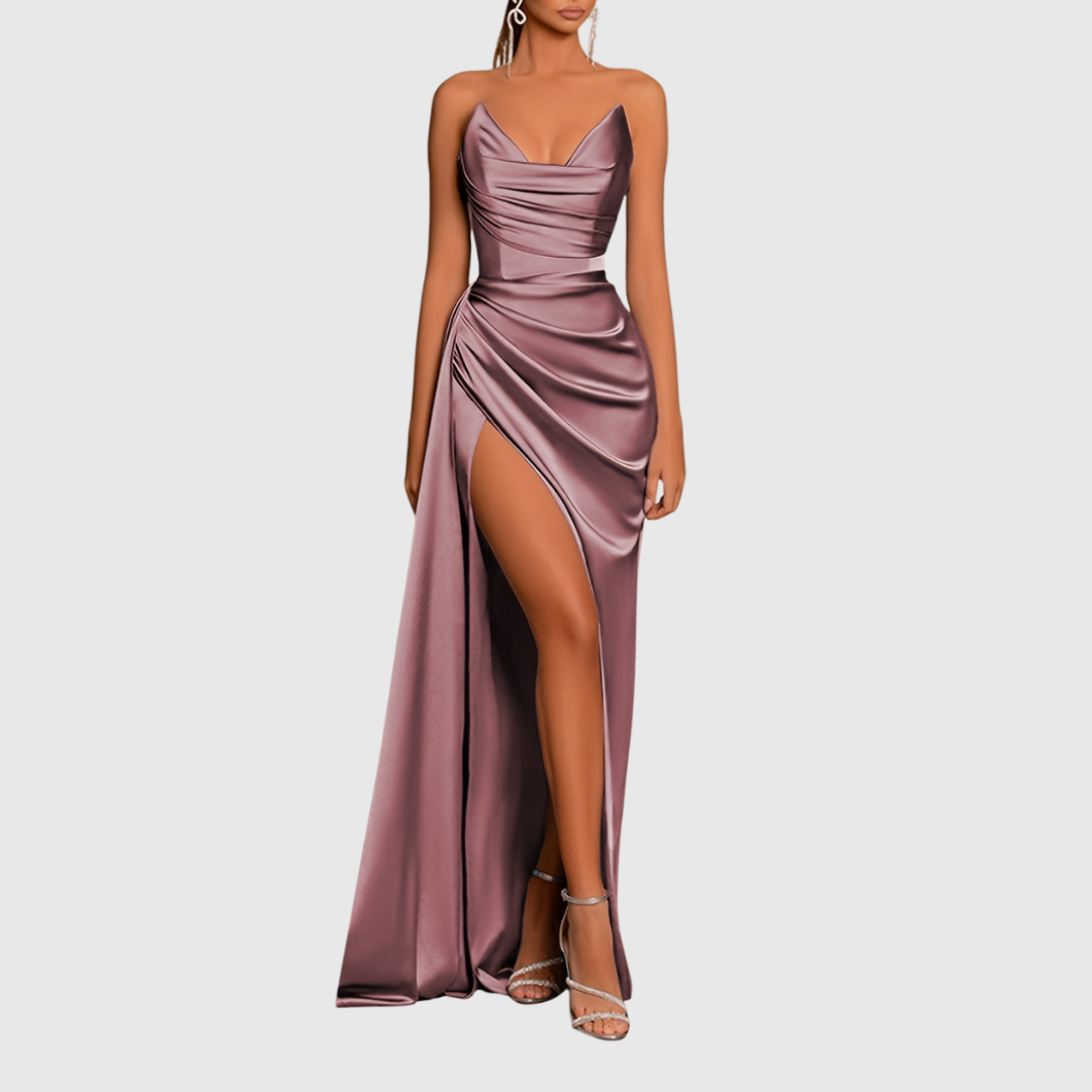 Woman wearing a satin maxi dress with thigh-high slit