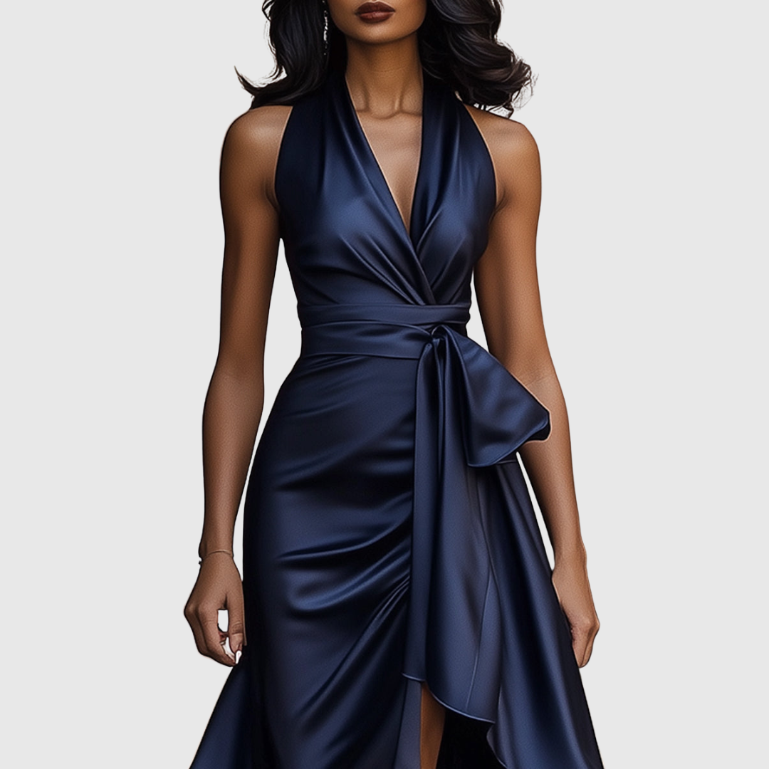 Woman wearing an evening wrap maxi dress with high slit